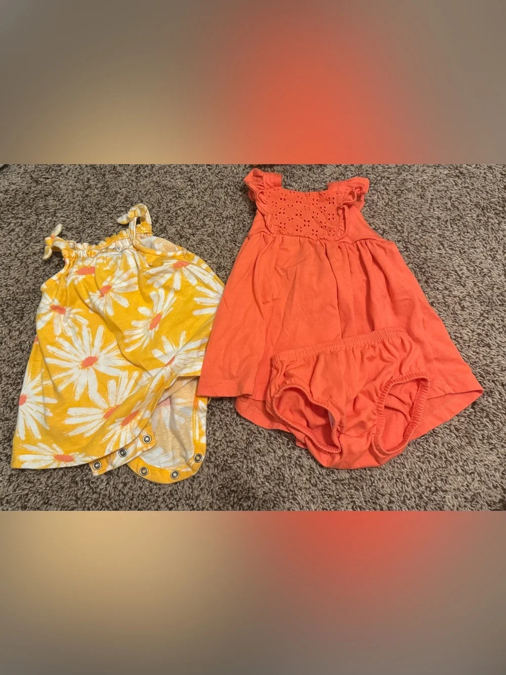 Carter's Yellow Daisy Print Romper & Coral Ruffle Dress Set